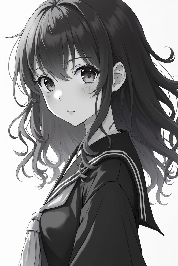 Generate a only black & White female anime character wearing Japanese uniform with a little curly brown and black long hairs and deep voilrt eye colour ( full head and half body)