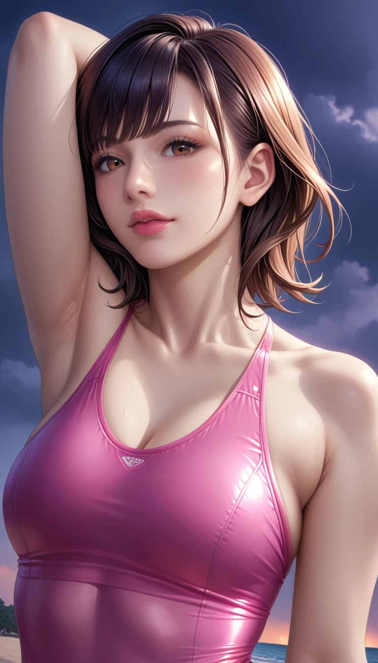 score_9, score_8_superior, score_7_superior, High resolution 3D anime style,A masterpiece in 32K resolution,Highest quality,it is really amazing,Very detailed,Ultra-high resolution,Ultra-realistic,Realistic,Increased depth of field,Cinematic lighting,
(Sexy mature Japan woman:1.1),
black straight medium hair,Ultra-detailed and beautiful face,Calm and gentle look,Beautiful brown eyes,Translucent white skin,Realistic skin texture,Great proportions,
Elegant high leg swimsuit,
Simple design,Chic color scheme,Detailed fabric texture,
(Dark overcast sky on a dull night:1.1),(Dark clouds filling the sky:1),(Thundercloud:1),Coastline at night,Stormy seas,(delay々A desolate sandy beach that continues:1),
Cinematic Angle,