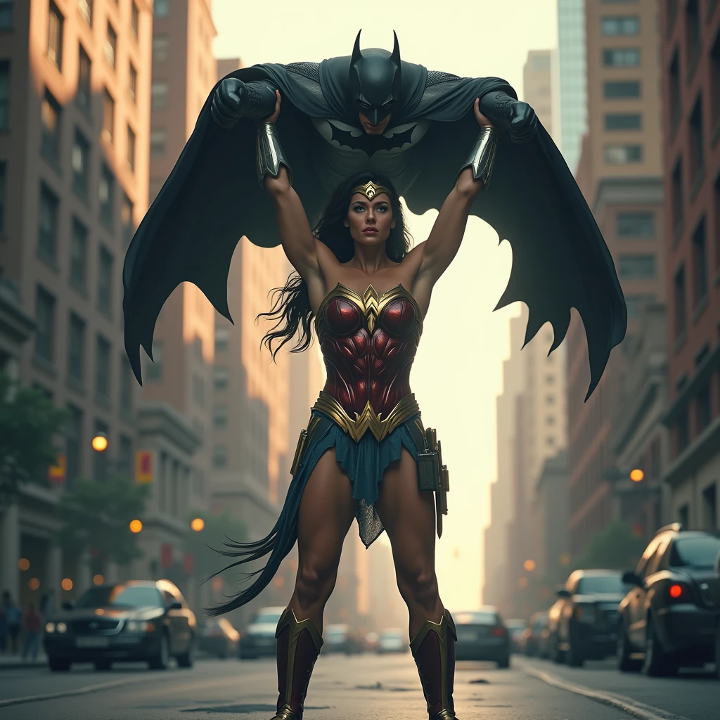 Wonder Woman lifting Batman high over her head with her strong arms. She is standing on a Gotham street with tall buildings in the background. 