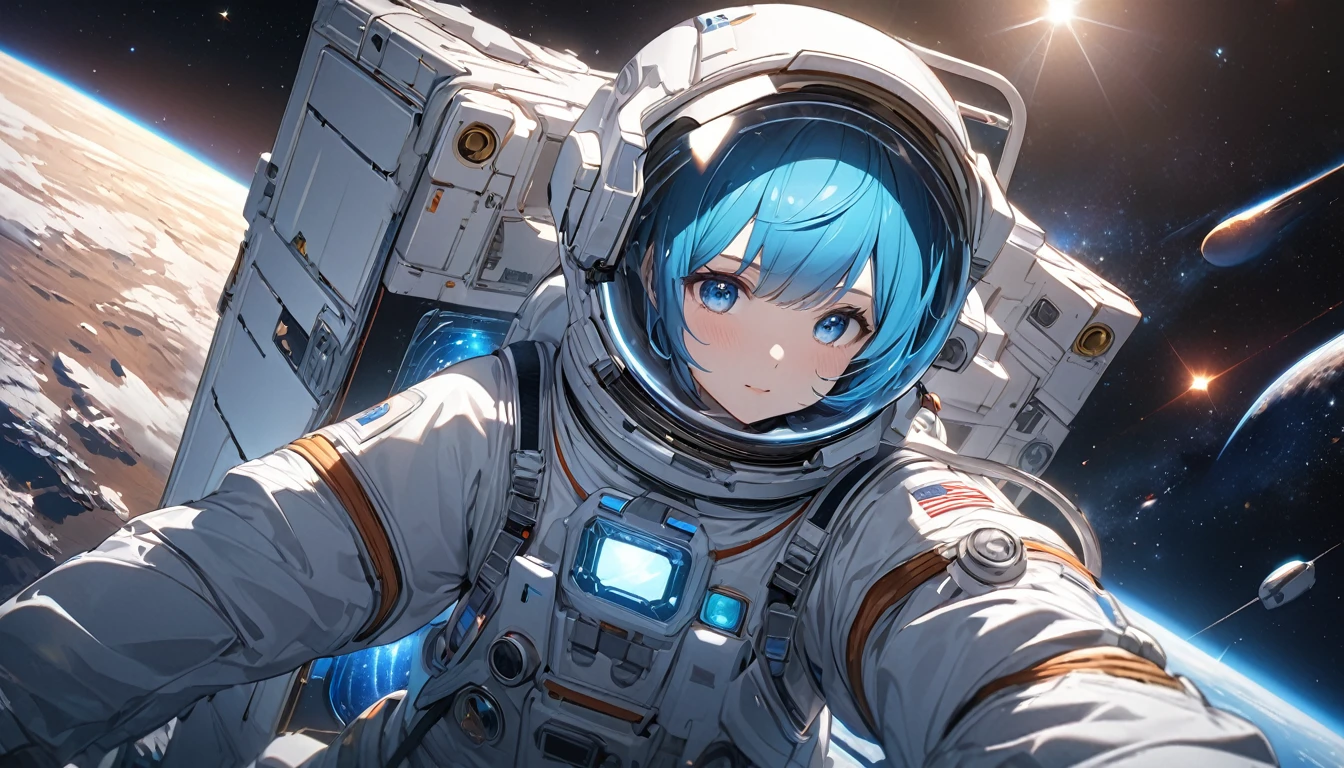 **263. One person。Space Explorer。遠いstar系を探査する。Cowboy shot or close-up。  
masterpiece, best quality, ultra detailed (Detailed fingers), (Emotional), (Breathtakingly beautiful),  
(main part: 1.2 Whole body。), (Anime Style), (Very detailed), (Space Exploration),  
(超High resolution, High resolution), (8k), (High resolution: 1.2), (Complex and beautiful: 1.2)**
- background: 遠いstar系、異starの風景と煌めくstar々Spread。
- Explorer: Young woman, around 18 years old、Wearing a space suit、宇宙探査機の外でstarを観察している。
-pose: 空中でstarを観察し、The moment of gathering data。
-expression: A face filled with curiosity、Wonder at the mysteries of the universe。
- Effects: star々The radiance and light of the probe、Effects that symbolize the vastness of space。
-color: The deep black of outer space、star々The contrast of white and blue that shines with the light of discovery。
