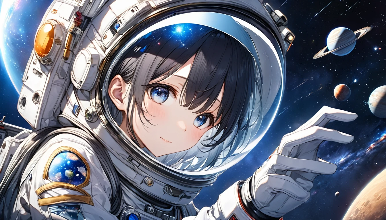 **263. One person。Space Explorer。遠いstar系を探査する。Cowboy shot or close-up。
masterpiece, best quality, ultra detailed (Detailed fingers), (Emotional), (Breathtakingly beautiful),
(main part: 1.2 Whole body。), (Anime Style), (Very detailed), (Space Exploration),
(超High resolution, High resolution), (8k), (High resolution: 1.2), (Complex and beautiful: 1.2)**
- background: 遠いstar系、異starの風景と煌めくstar々Spread。
- Explorer: Young woman, around 18 years old、Wearing a space suit、宇宙探査機の外でstarを観察している。
-pose: 空中でstarを観察し、The moment of gathering data。
-expression: A face filled with curiosity、Wonder at the mysteries of the universe。
- Effects: star々The radiance and light of the probe、Effects that symbolize the vastness of space。
-color: The deep black of outer space、star々The contrast of white and blue that shines with the light of discovery。