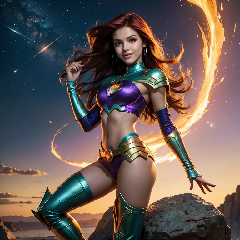 (masterpiece, best quality:1.5), highest quality, High resolution, super detailed, Realists, Full body photo of 18-year-old Starfire from Teen Titans, detailed and beautiful green eyes, beautiful detailed lips, very detailed eyes and face, longeyelashes, additional eyebrows in the forehead area, Beautiful and colorful makeup, Fighting Pose, dark red hair, Orange peel, bright daylight, bright colors, fine brushstrokes, Portrait style, beautiful color palette, glowing skin, First-class rendering, that captures every detail, enchanting atmosphere, (perfect anatomy:1.2), (The two breathtaking Starfires wear a shiny top with shoulder pads, Silver rock and over-the-knee boots. Metal ring on the upper arm, Animated series Teen Titans 2003, Starfire flies through the air, Your hands radiate energy. She smiles with joy Panoramic view:1.2)