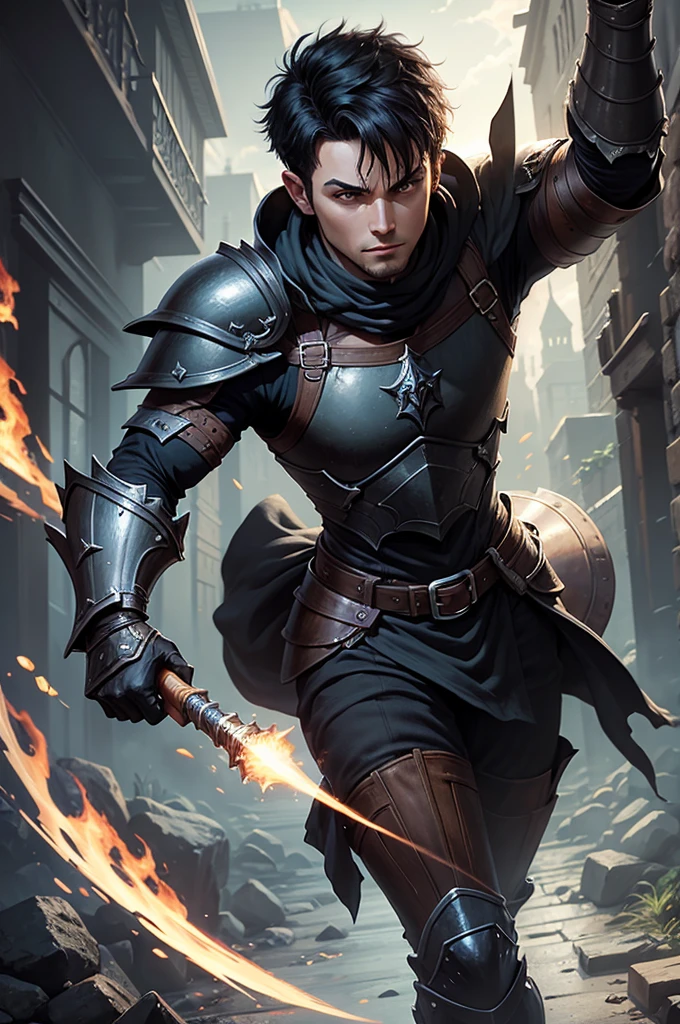 digital painting MTG card art, dynamic pose, one  men, wearing armor, short black hair, rpg character portrait.