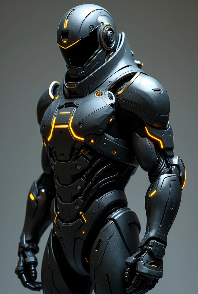 Character of the gender: masculine 
### **Clothing and Equipment:**
- **cybernetic armor:** Multiple parts of 87's body are covered in cybernetic armor plates integrated into his body., especially on the shoulders, forearms, torso and legs. These plates are made of a dark metallic material and have a futuristic design, with visible circuits that emit a faint glow when he uses his enhanced abilities.
- **muka:** His face is covered by a helmet with a highly technological and futuristic visor, the helmet is dark colored with a dark visor with a yellow LED on the top of the visor, attached to the helmet are some equipment such as flashlights and lasers.