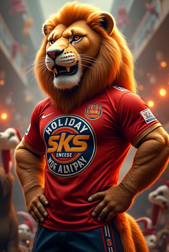 a lion mascot wearing a shirt that says sks Holiday
