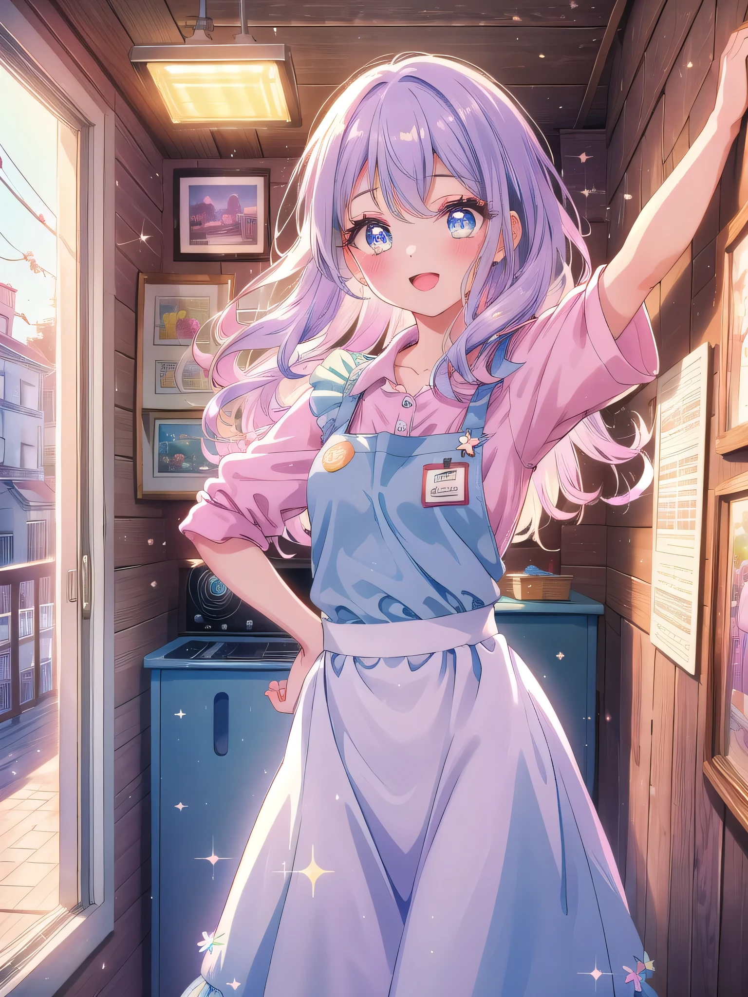 ((8k, Highest quality, masterpiece: 1.3)),Ultra-high resolution,(1 girl, alone), (Color changing eyes, Ultra-detailed, Expressive brilliance, Glitter, Glowing Eyes), Highly detailed eyes, Highly detailed face, Random Hair, ((pastel colour)),A joyful young woman with pastel lavender hair styled into loose waves, standing near her closet in her brightly lit bedroom during a sunny morning. She is dressed in a sweet yet subtly sexy retro diner waitress cosplay, wearing a pastel-colored dress with a white apron and a small name tag pinned to her chest. The camera captures her from a slightly elevated angle as she strikes a playful pose with one hand on her hip, her expression full of cheerfulness and fun. The room is bathed in natural sunlight, with a few vintage posters on the wall, a small jukebox on a table, and a nostalgic, lively atmosphere.