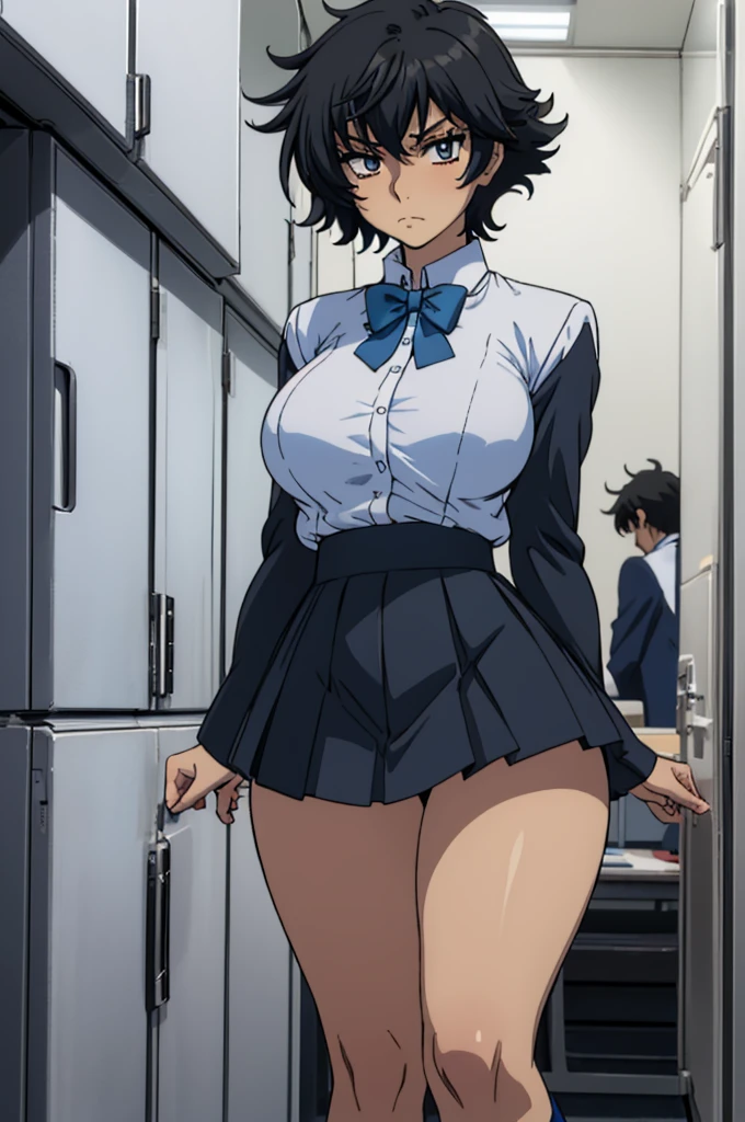 closed mouth, (), ((1girl)), (((genderbend))), (((female))), wide hips, thick thighs, huge breast, narrow waist, ((school uniform)), ((white shirt)), ((blue bowtie)), ((school full of people)) (black short skirts), ((anime artstyle)), long eyelashes, long black hair, bored , (((at day)))