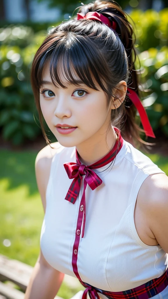 no, 16k raw photos, Highest quality, Masterpiece, Ultra high resolution, filmグレイン, ((โชว์บิกินี่สีlegวตัวจิ๋ว)).film, 1 woman, look at the audience, Natural skin, very heavy chest texture.))),Realistic detailed eyes and face, full lips, Lip makeup), red eyeshadow, Fluffy ponytail, messy hair, Sloppy smile, legสวย, tall woman, thin, thin_leg, alone, big breasts, rift, bottom, shirt,, Around the flower position, (Detailed background,露出度の高い白いshirt, big breasts, rift, blurred background, plaid,, ((JK has a purple and red ribbon tied around her neck))),Big JK ribbon, black hair, bracelet, water, smooth, decorations, Chapped lips,, Depth of the written region、Underarm hair、Beautiful park.、water色のストライプ模様、beautiful sandy beach、wind effect、