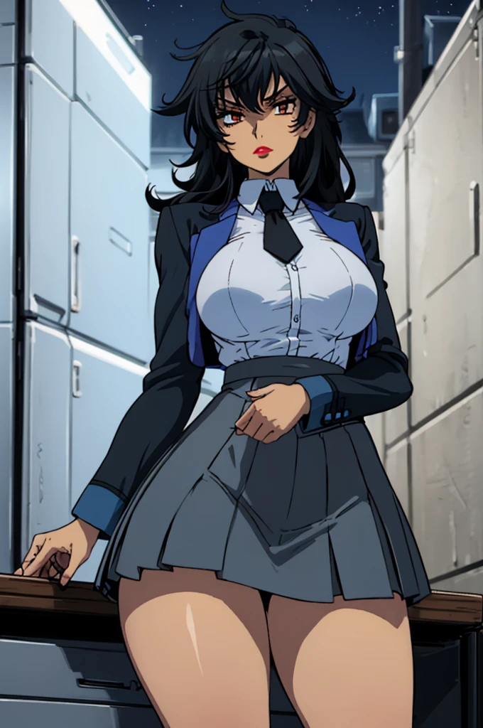 best quality, ultra-detailed, best illustration, masterpiece, high res (1girl:1.3), (large breast:1.5), closed mouth, (21 years old), ((1girl)), ((((solo))), (((alone))), (((genderbend))), (((female))), wide hips, thick thighs, narrow waist, ((blue office suit)), ((blue short skirt)), ((blue tie)), ((blue jacket)), ((white shirt)), ((in a beautiful mansion)), ((anime artstyle)), long eyelashes, ((long black hair)), (((at night))), (red lipstick), (black eyeshadow), (in the dark)