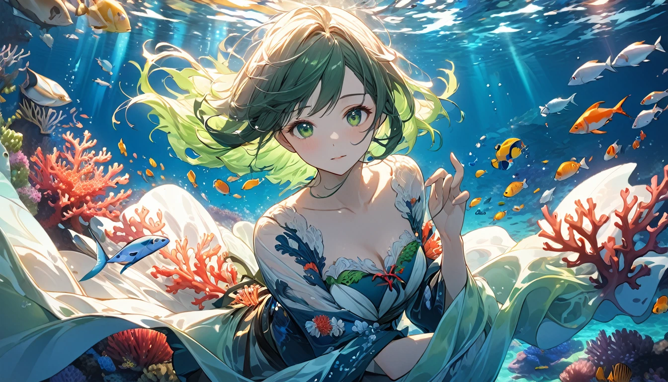 **264. One person。Underwater Artist。Beautiful Underwater Sceneryを描く。Cowboy shot or close-up。  
masterpiece, best quality, ultra detailed (Detailed fingers), (Emotional), (Breathtakingly beautiful),  
(main part: 1.2 Whole body。), (Anime Style), (Very detailed), (Ocean Art),  
(超High resolution, High resolution), (8k), (High resolution: 1.2), (Complex and beautiful: 1.2)**
- background: Beautiful Underwater Scenery、A Landscape of Colorful Coral and Fish Swimming。
- Artist: Young woman, around 18 years old、Holding an Underwater Canvas and Brush to Create Art in the Ocean。
-pose: The Moment of Painting Art towards a Canvas Underwater。
-expression: Gentle and Creative Expressions、A Posture that Evokes the Beauty of the Sea。
- Effects: The Embodiment of Light and Art Underwater、Effects that Emphasize the Beauty of the Ocean。
-color: Deep blue and green、The Hues of the Sea and the Vividness of Art Create a Beautiful Contrast。
