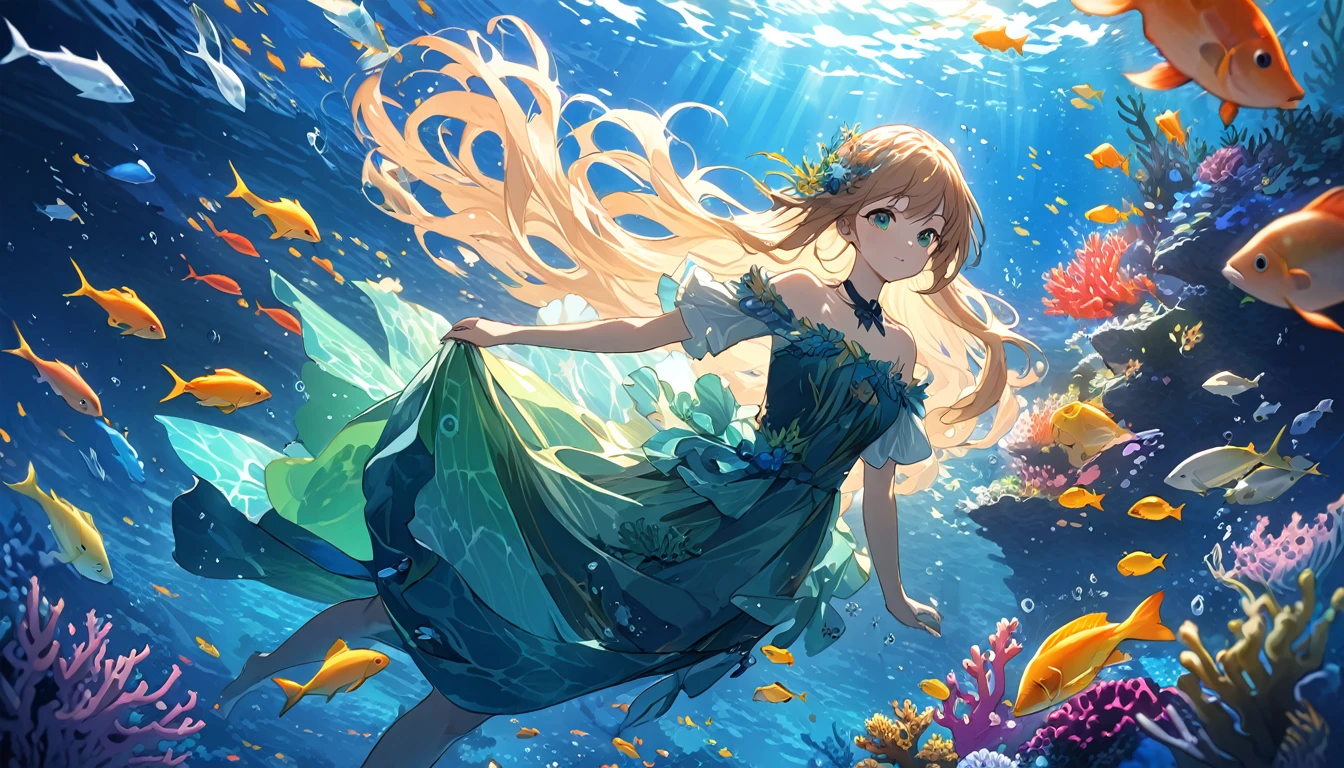 **264. One person。Underwater Artist。Beautiful Underwater Sceneryを描く。Cowboy shot or close-up。
masterpiece, best quality, ultra detailed (Detailed fingers), (Emotional), (Breathtakingly beautiful),
(main part: 1.2 Whole body。), (Anime Style), (Very detailed), (Ocean Art),
(超High resolution, High resolution), (8k), (High resolution: 1.2), (Complex and beautiful: 1.2)**
- background: Beautiful Underwater Scenery、A Landscape of Colorful Coral and Fish Swimming。
- Artist: Young woman, around 18 years old、Holding an Underwater Canvas and Brush to Create Art in the Ocean。
-pose: The Moment of Painting Art towards a Canvas Underwater。
-expression: Gentle and Creative Expressions、A Posture that Evokes the Beauty of the Sea。
- Effects: The Embodiment of Light and Art Underwater、Effects that Emphasize the Beauty of the Ocean。
-color: Deep blue and green、The Hues of the Sea and the Vividness of Art Create a Beautiful Contrast。