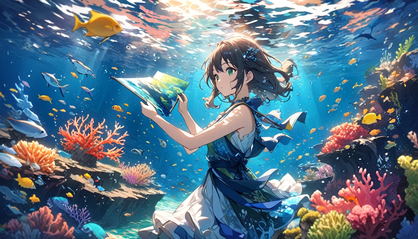 **264. One person。Underwater Artist。Beautiful Underwater Sceneryを描く。Cowboy shot or close-up。  
masterpiece, best quality, ultra detailed (Detailed fingers), (Emotional), (Breathtakingly beautiful),  
(main part: 1.2 Whole body。), (Anime Style), (Very detailed), (Ocean Art),  
(超High resolution, High resolution), (8k), (High resolution: 1.2), (Complex and beautiful: 1.2)**
- background: Beautiful Underwater Scenery、A Landscape of Colorful Coral and Fish Swimming。
- Artist: Young woman, around 18 years old、Holding an Underwater Canvas and Brush to Create Art in the Ocean。
-pose: The Moment of Painting Art towards a Canvas Underwater。
-expression: Gentle and Creative Expressions、A Posture that Evokes the Beauty of the Sea。
- Effects: The Embodiment of Light and Art Underwater、Effects that Emphasize the Beauty of the Ocean。
-color: Deep blue and green、The Hues of the Sea and the Vividness of Art Create a Beautiful Contrast。
