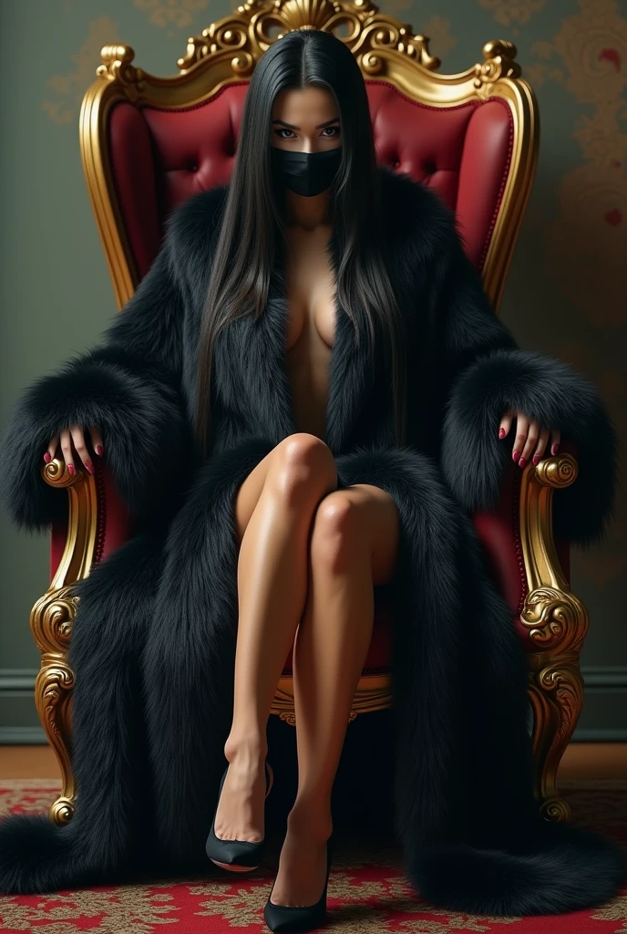 (photorealism:1.2) a beautiful indonesian woman, wearing fur outfit, look like a mistress, sitting on a great chair,  demanding looks, black mouth masked, oversized, hypnotic eyes, showing hel legs wearing high heels