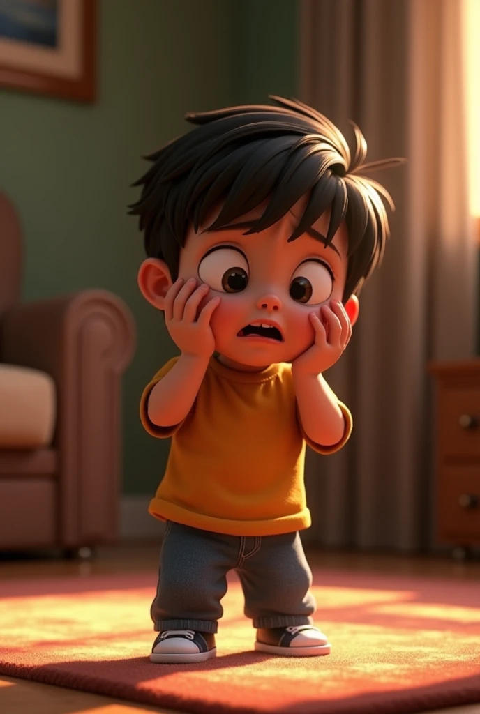 A crying 3 year old boy at home,  3d , pixar style, cinematic,  masterpiece, high-aesthetic 