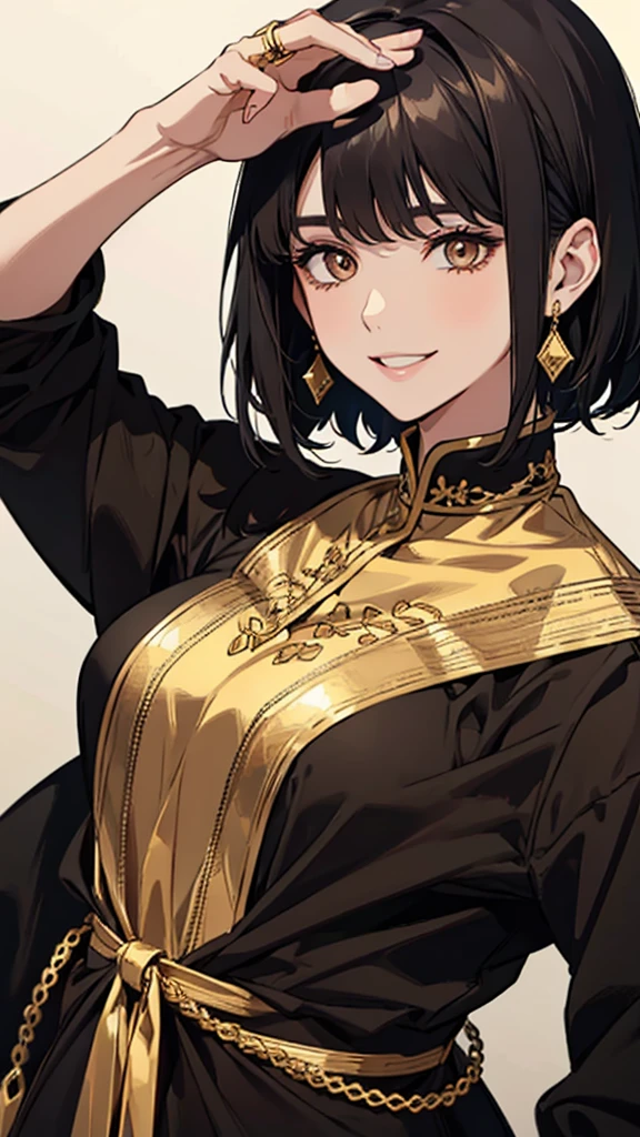 woman、smile、Black Short Hair、Black and gold eyes、large ring earrings、Brown clothes、Upper Body