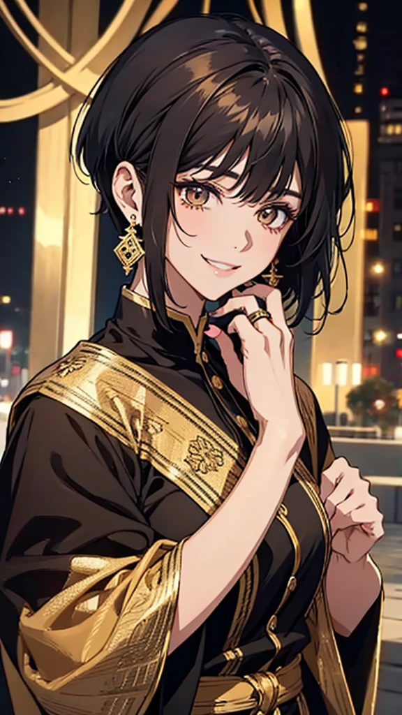 woman、smile、Black Short Hair、Black and gold eyes、large ring earrings、Brown clothes、Upper Body