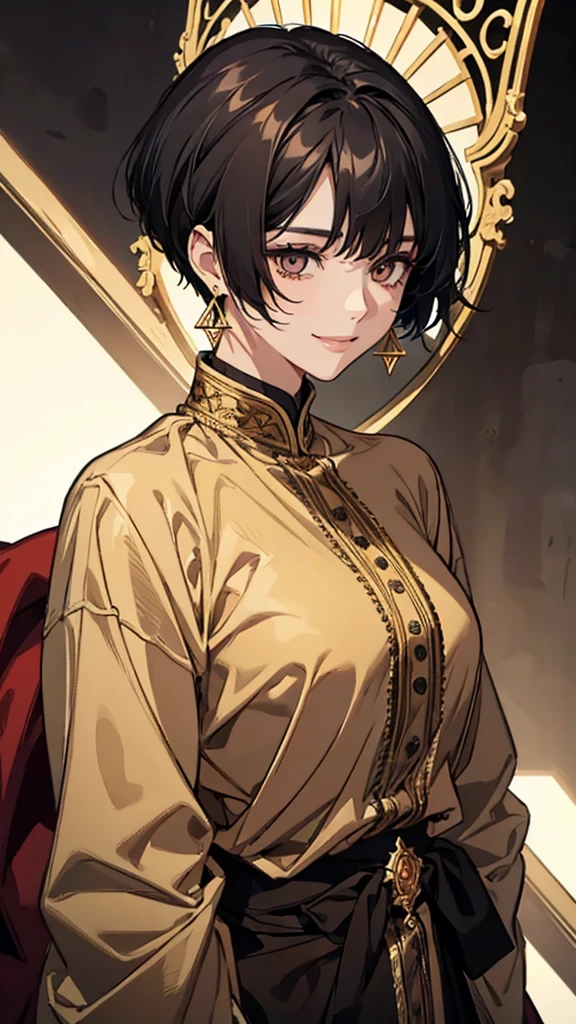 woman、smile、Black Short Hair、Black and gold eyes、large ring earrings、Brown clothes、Upper Body