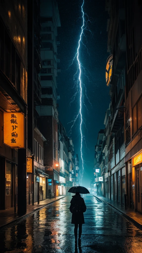 (Highest quality,4K,8k,High resolution,masterpiece:1.2),Very detailed,(Realistic,photoRealistic,photo-Realistic:1.37),Rainy night,lightning,heavy rain,Neon Light,Streetscapeの反射,Wet road surface,Person with an umbrella,Splash,Sparkling raindrops,Blurred car lights,Gloomy atmosphere,Spooky Shadow,Dramatic contrast,Dynamic configuration,Bright colors,Dark and mysterious,Cityscape,Gloomy mood,Electrical Energy,Water surface reflection,Illuminated windows,Glowing Sign,puddle,Streetscape,Night hustle and bustle,Stormy Skies,Electricity in the air,Impressive visual impact,Atmospheric perspective,Ominous premonition,Emotional art,Striking details,Heavenly Beauty,Calm yet dramatic,Visual Poetry.