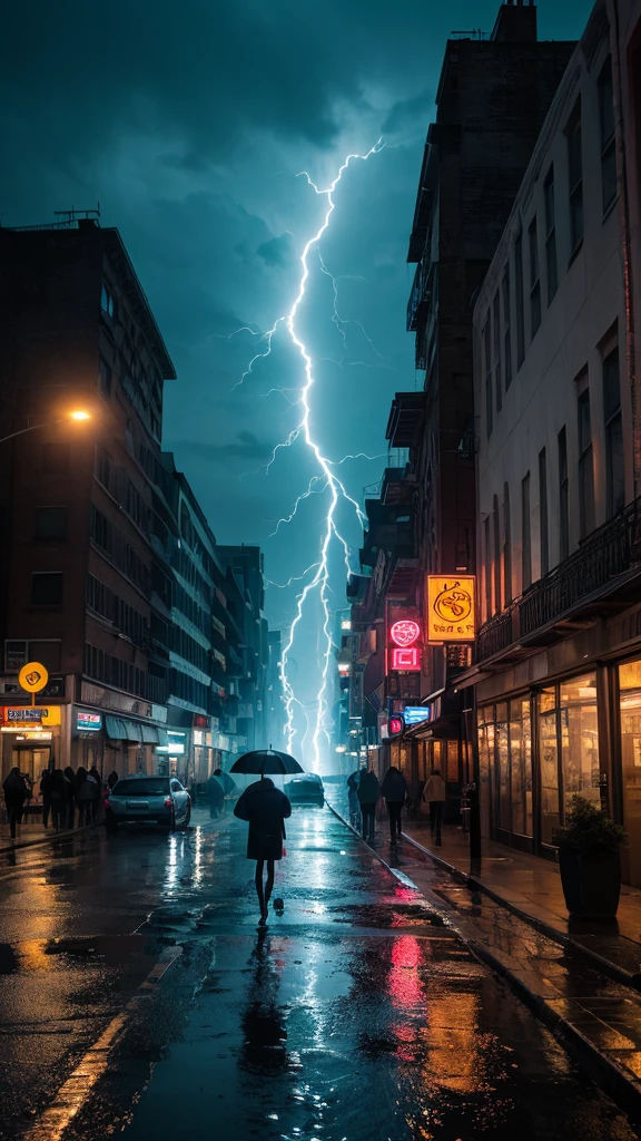 (Highest quality,4K,8k,High resolution,masterpiece:1.2),Very detailed,(Realistic,photoRealistic,photo-Realistic:1.37),Rainy night,lightning,heavy rain,Neon Light,Streetscapeの反射,Wet road surface,Person with an umbrella,Splash,Sparkling raindrops,Blurred car lights,Gloomy atmosphere,Spooky Shadow,Dramatic contrast,Dynamic configuration,Bright colors,Dark and mysterious,Cityscape,Gloomy mood,Electrical Energy,Water surface reflection,Illuminated windows,Glowing Sign,puddle,Streetscape,Night hustle and bustle,Stormy Skies,Electricity in the air,Impressive visual impact,Atmospheric perspective,Ominous premonition,Emotional art,Striking details,Heavenly Beauty,Calm yet dramatic,Visual Poetry.