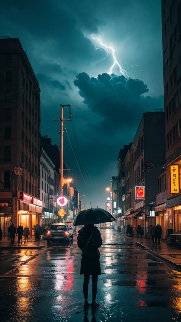 (Highest quality,4K,8k,High resolution,masterpiece:1.2),Very detailed,(Realistic,photoRealistic,photo-Realistic:1.37),Rainy night,lightning,heavy rain,Neon Light,Streetscapeの反射,Wet road surface,Person with an umbrella,Splash,Sparkling raindrops,Blurred car lights,Gloomy atmosphere,Spooky Shadow,Dramatic contrast,Dynamic configuration,Bright colors,Dark and mysterious,Cityscape,Gloomy mood,Electrical Energy,Water surface reflection,Illuminated windows,Glowing Sign,puddle,Streetscape,Night hustle and bustle,Stormy Skies,Electricity in the air,Impressive visual impact,Atmospheric perspective,Ominous premonition,Emotional art,Striking details,Heavenly Beauty,Calm yet dramatic,Visual Poetry.