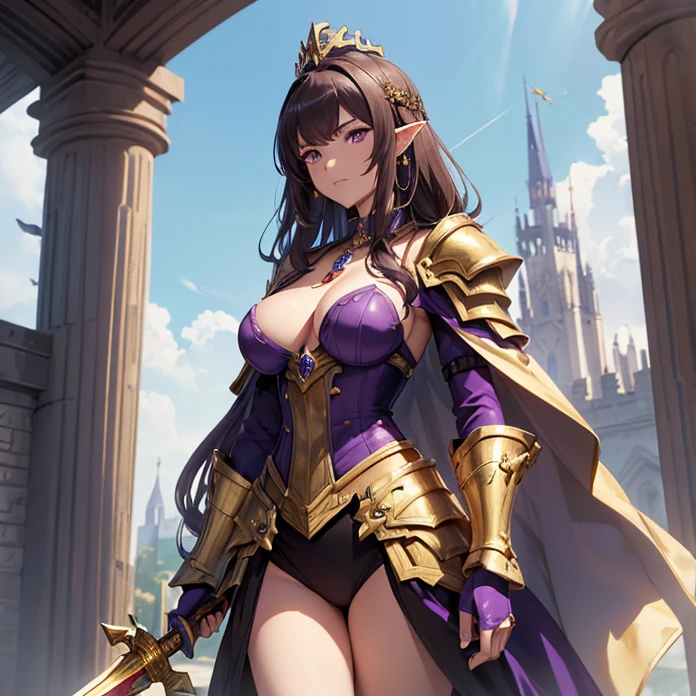 (absurdres, Masterpiece, best quality, no deformity, good anatomy, cowboy shot, front view, character alone, "Warhammer's aesthetic") {{1character:900 years old brown-haired elf noble mature beautiful milf princess:,(dark-brown short-messy-spiky-hair with ahoge, fair skin, purple eyes, brown eyebrows, absolute feminine elder beauty, bravery and leadership feminine),(purple power heavy armor(not revealing body skin),full heavy golden cuirass armor, full bulky big and sharped purple shoulder plates with gold trims, full armored arms and elbows in purple steel, full armored purple gauntlets, full armored steel gold hips, full armored purple legs, full steel gold longboots, steel purple helmet with gold tiara at the top, red-jeweled-gold-necklace(holding with left arm a golden blade sword)),(she is: marching at the tower, watching with courage and seriousness thevsituation),(castle's deffensive tower, radiant sun in the sky, midday light-blue sky, several golden cannons over the tower's platform)}}