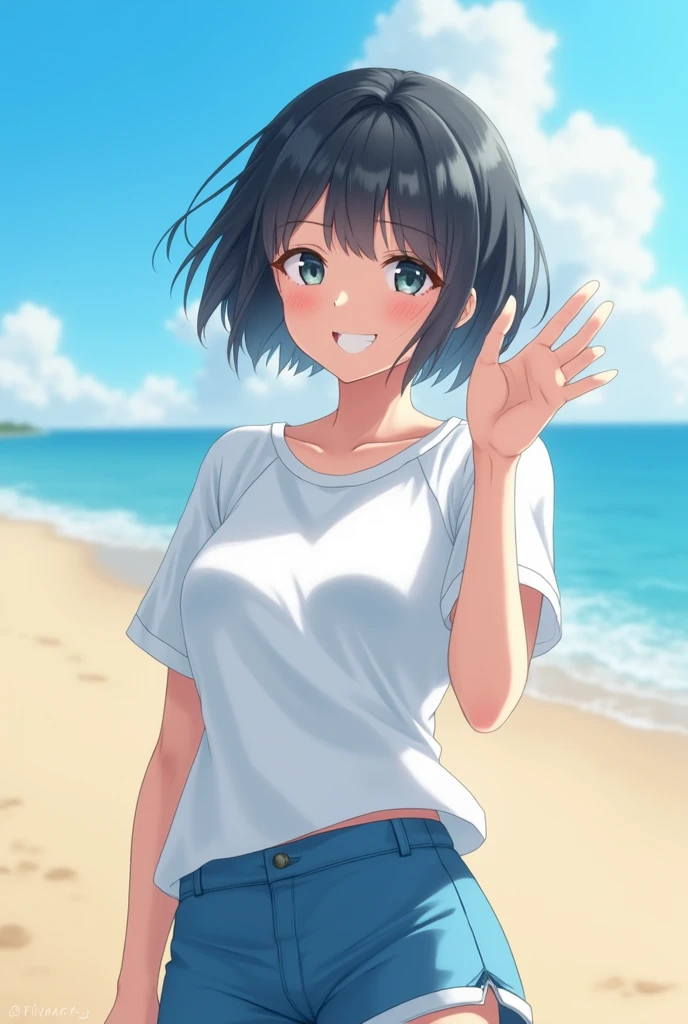 ((Top quality)), ((Masterpiece)), (Detail), Perfect face, Japanese woman, age girl, Immaculate, White T-shirt, blue shorts, short black hair, big breasts, one hand raised dazzlingly, bright smile, blue summer sky, strong sunlight, sandy beach, depth of subject, sharply in focus, Aspect ratio, 16:9, realistic live action, Photography.