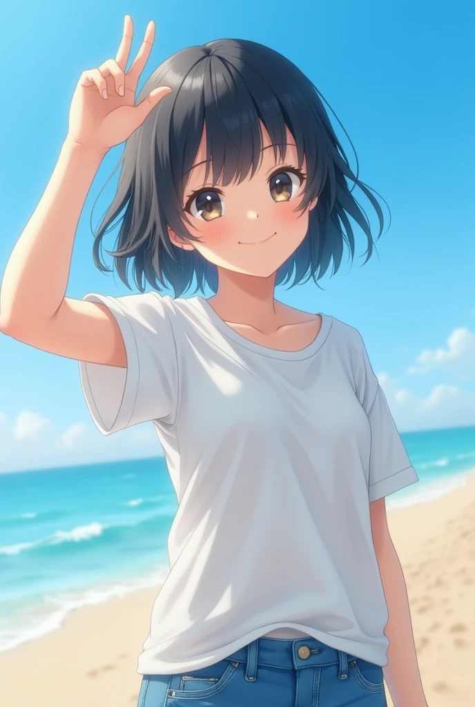 ((Top quality)), ((Masterpiece)), (Detail), Perfect face, Japanese woman, age girl, Immaculate, White T-shirt, blue shorts, short black hair, big breasts, one hand raised dazzlingly, bright smile, blue summer sky, strong sunlight, sandy beach, depth of subject, sharply in focus, Aspect ratio, 16:9, realistic live action, Photography.