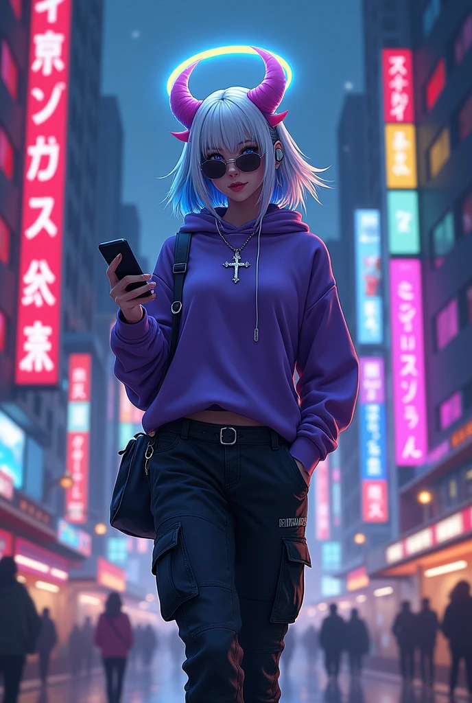 demon girl, rainbow colored halo,white and blue hair ,silver cross necklace,Sunglasses, purple sweatshirt, black cargo pants,WHITE TENNIS, earphones, holding her cell phone, walking through a big city at night