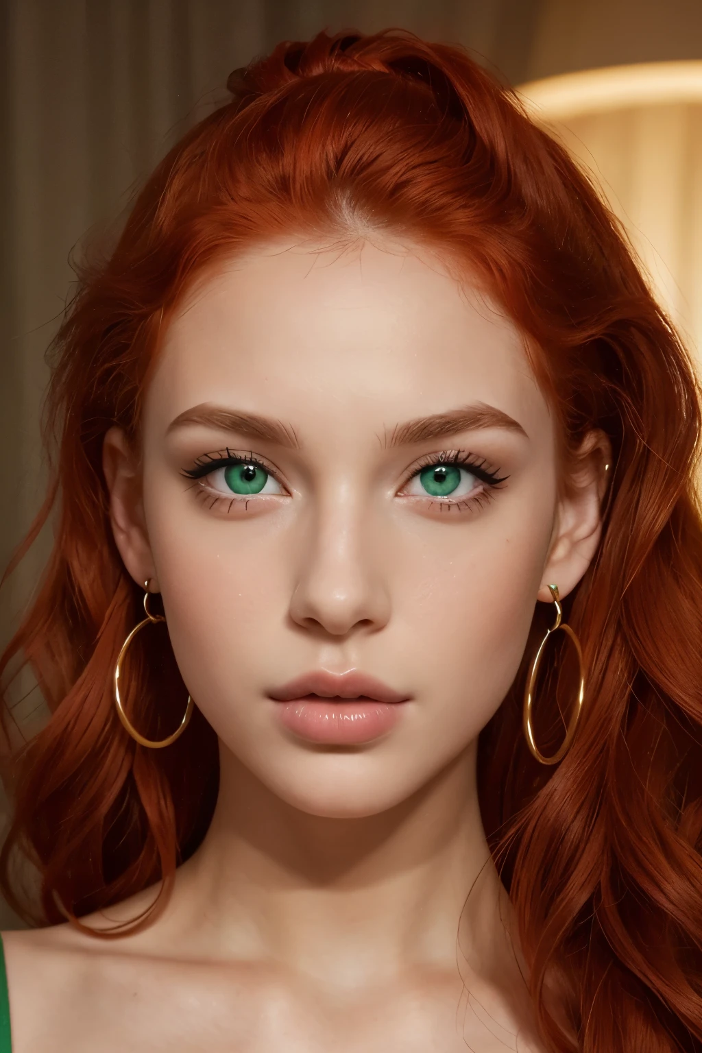 The face of a young woman, green eyes, red curls, nose piercing, ear rings, full lips, index finger in front of the lips, sexy Blick, detailed face, realistic, datailed lips