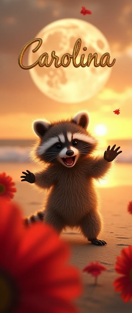 A captivating cinematic image of a fluffy, adorable  raccoon named Carolina, growling playfully. The scene takes place on a serene beach, with a beautiful golden sunset casting a warm glow on the sand. The sky is filled with a stunning full moon, and there are large, realistic red flowers in the foreground. The text "Carolina" is displayed in exquisite gold typography, adding a touch of elegance to the scene. The overall atmosphere of the image is a blend of enchanting realism and a touch of fantasy, with a 4K resolution for a crisp and detailed visual experience., photo, product, poster, architecture, 3d render, typography, cinematic