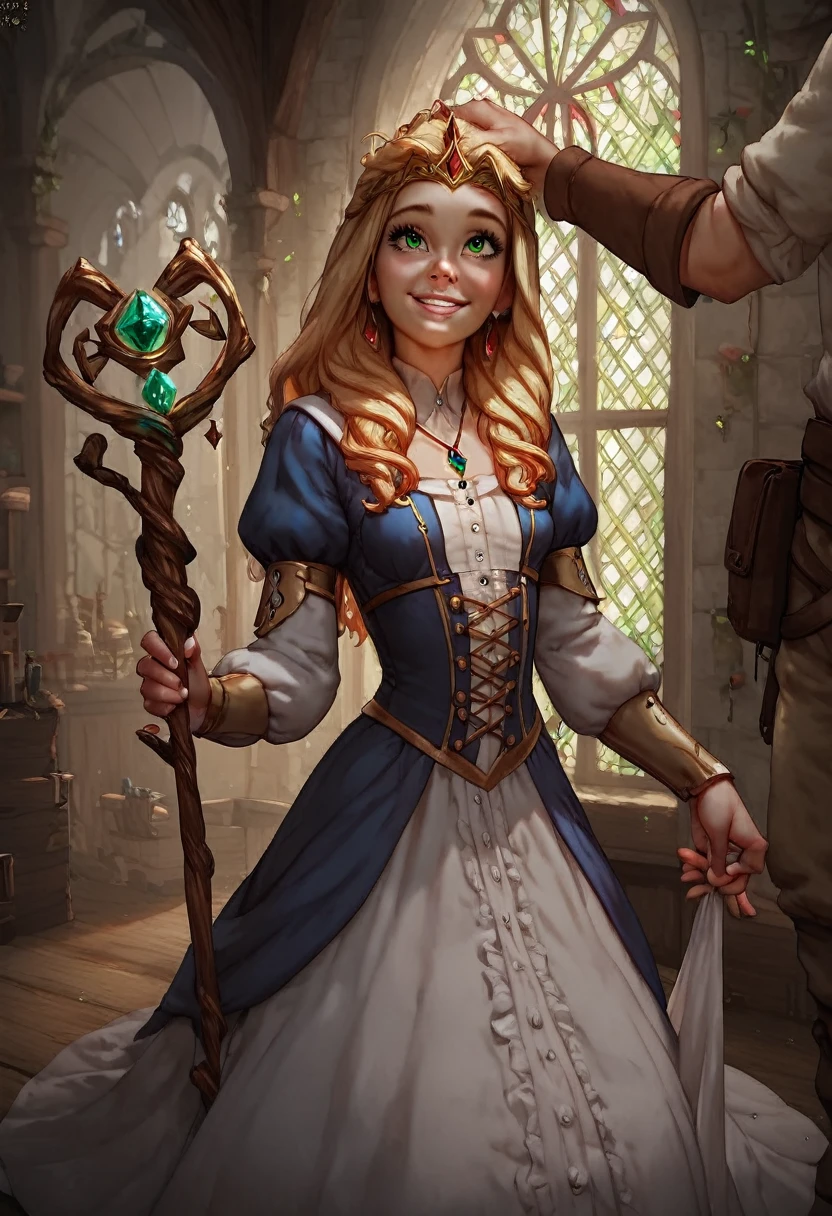 rating_safe, score_8_up, score_7_up, score_6_up, uncensored, shiny skin, small breasts, pale skin, cute perfect face, (???-like proportions), big head with big green eyes, thin body, tiny limbs, (((beautiful golden hair, flowing blonde locks))), full body shot of (tiny prepubescent innocent young mage-girl standing before viewer), (looking up at viewer), (hand patting girl's head), (girl clutching gnarly magic staff), (cute smile), white embroidered stockings, ((tight childish fantasy-mage-robes)), big amazing green eyes, detailed background, (inside poor medieval peasant living-room), (tiny prepubescent child), low light, magic necklace, girl receiving headpats, full-body shot