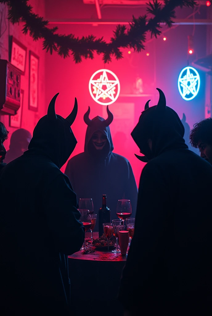 I'm creating a flyer for a clandestine Christmas party with a devilish theme and using neon colors.