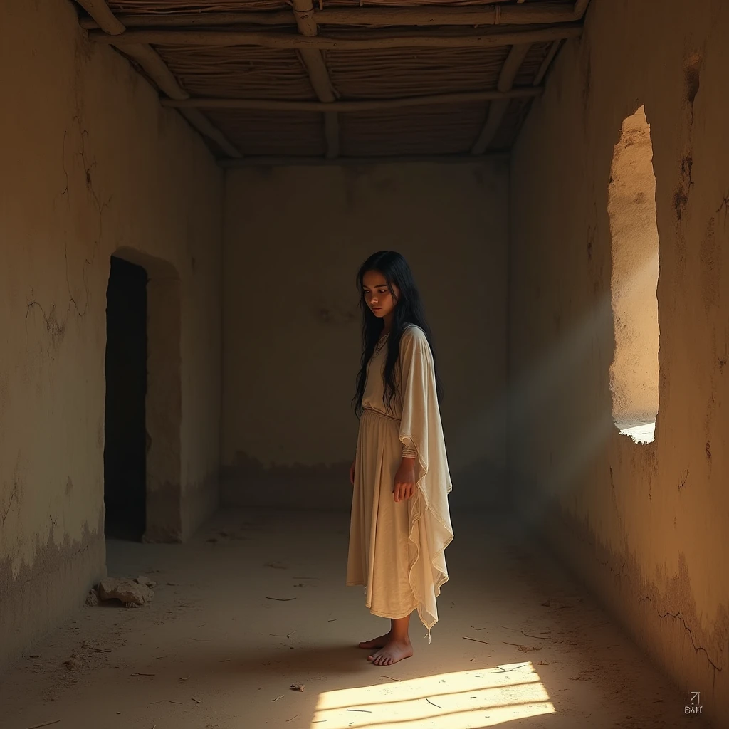 (photorealism:1.2), "A beautiful Punjabi girl standing sadly inside an old mud house. She is dressed in a simple traditional salwar kameez, with a light dupatta draped loosely over her shoulders. Her long black hair is tied back, and her eyes reflect deep sorrow. The interior of the mud house is rustic, with cracked walls, a thatched roof, and minimal furnishings, evoking a sense of nostalgia and hardship. Soft, natural light filters in through a small window, casting gentle shadows that enhance the somber mood of the scene."