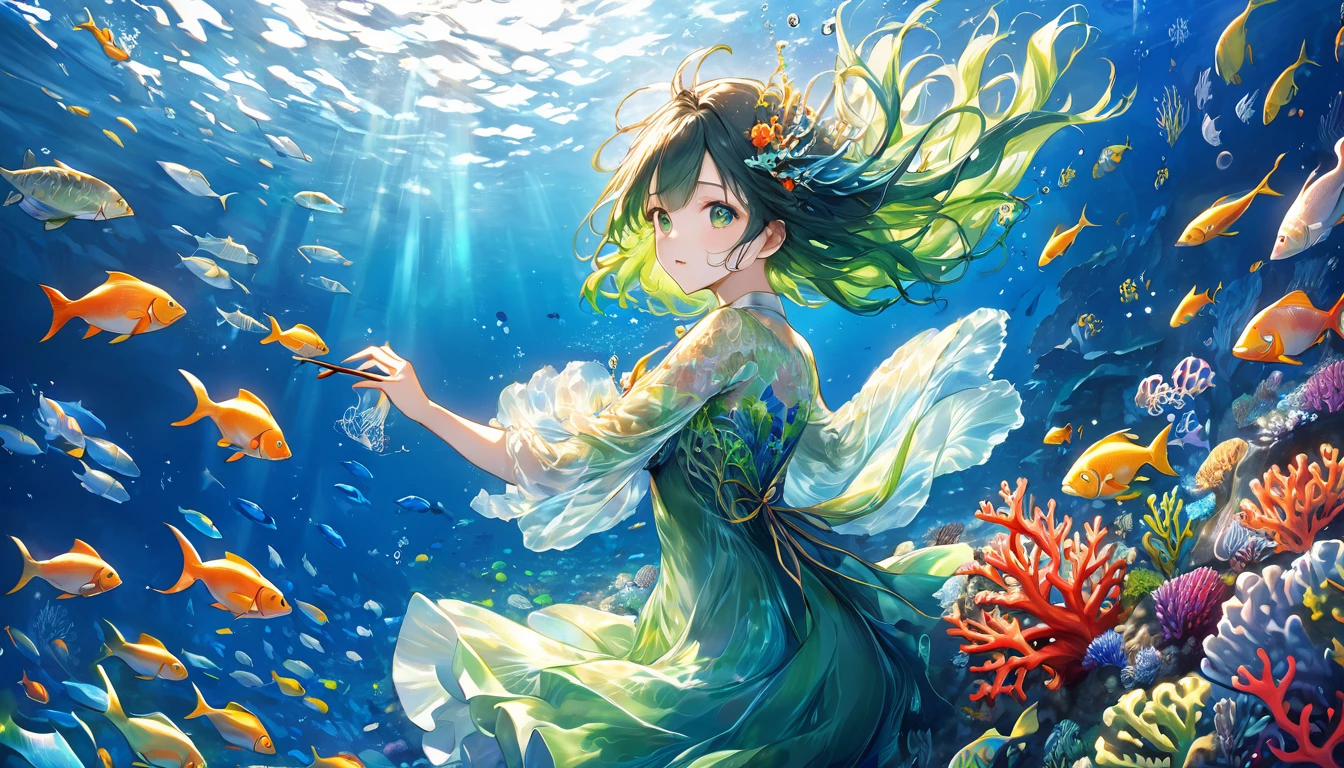 **264. One person。Underwater Artist。Beautiful Underwater Sceneryを描く。Cowboy shot or close-up。  
masterpiece, best quality, ultra detailed (Detailed fingers), (Emotional), (Breathtakingly beautiful),  
(main part: 1.2 Whole body。), (Anime Style), (Very detailed), (Ocean Art),  
(超High resolution, High resolution), (8k), (High resolution: 1.2), (Complex and beautiful: 1.2)**
- background: Beautiful Underwater Scenery、A Landscape of Colorful Coral and Fish Swimming。
- Artist: Young woman, around 18 years old、Holding an Underwater Canvas and Brush to Create Art in the Ocean。
-pose: The Moment of Painting Art towards a Canvas Underwater。
-expression: Gentle and Creative Expressions、A Posture that Evokes the Beauty of the Sea。
- Effects: The Embodiment of Light and Art Underwater、Effects that Emphasize the Beauty of the Ocean。
-color: Deep blue and green、The Hues of the Sea and the Vividness of Art Create a Beautiful Contrast。
