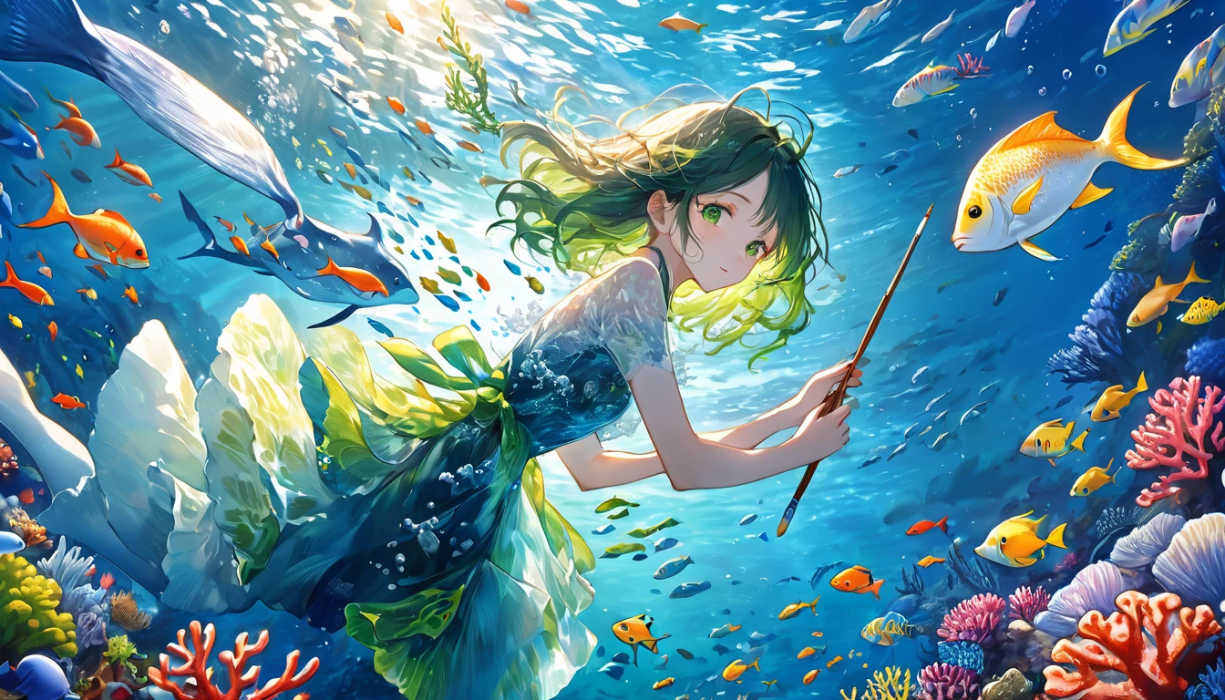 **264. One person。Underwater Artist。Beautiful Underwater Sceneryを描く。Cowboy shot or close-up。
masterpiece, best quality, ultra detailed (Detailed fingers), (Emotional), (Breathtakingly beautiful),
(main part: 1.2 Whole body。), (Anime Style), (Very detailed), (Ocean Art),
(超High resolution, High resolution), (8k), (High resolution: 1.2), (Complex and beautiful: 1.2)**
- background: Beautiful Underwater Scenery、A Landscape of Colorful Coral and Fish Swimming。
- Artist: Young woman, around 18 years old、Holding an Underwater Canvas and Brush to Create Art in the Ocean。
-pose: The Moment of Painting Art towards a Canvas Underwater。
-expression: Gentle and Creative Expressions、A Posture that Evokes the Beauty of the Sea。
- Effects: The Embodiment of Light and Art Underwater、Effects that Emphasize the Beauty of the Ocean。
-color: Deep blue and green、The Hues of the Sea and the Vividness of Art Create a Beautiful Contrast。