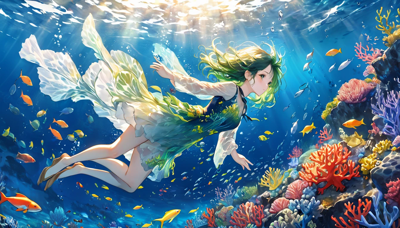 **264. One person。Underwater Artist。Beautiful Underwater Sceneryを描く。Cowboy shot or close-up。
masterpiece, best quality, ultra detailed (Detailed fingers), (Emotional), (Breathtakingly beautiful),
(main part: 1.2 Whole body。), (Anime Style), (Very detailed), (Ocean Art),
(超High resolution, High resolution), (8k), (High resolution: 1.2), (Complex and beautiful: 1.2)**
- background: Beautiful Underwater Scenery、A Landscape of Colorful Coral and Fish Swimming。
- Artist: Young woman, around 18 years old、Holding an Underwater Canvas and Brush to Create Art in the Ocean。
-pose: The Moment of Painting Art towards a Canvas Underwater。
-expression: Gentle and Creative Expressions、A Posture that Evokes the Beauty of the Sea。
- Effects: The Embodiment of Light and Art Underwater、Effects that Emphasize the Beauty of the Ocean。
-color: Deep blue and green、The Hues of the Sea and the Vividness of Art Create a Beautiful Contrast。