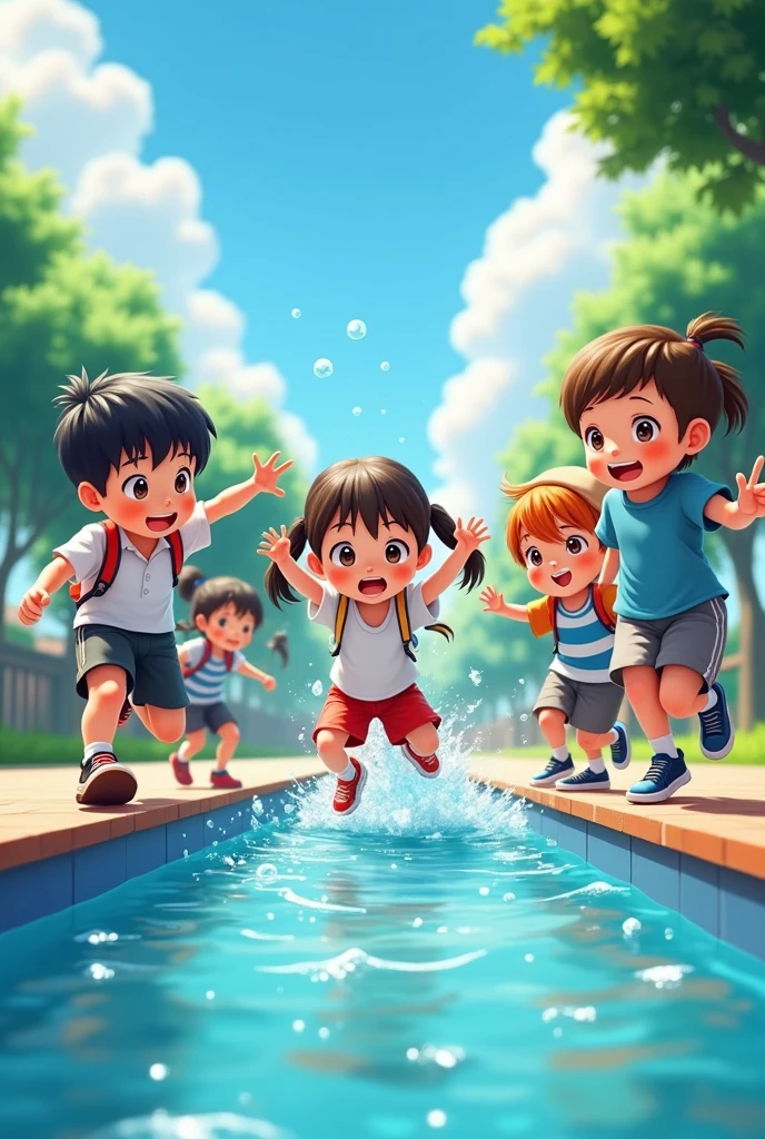 Primary school students、Pool、Stick your butt out、From the back