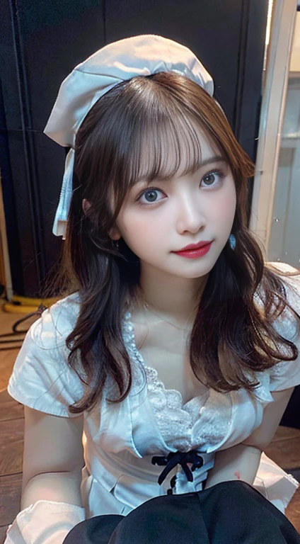 The best beauty、18yo, innocent、Very small face、Double eyelids、Beautiful Eyes、(Nurse uniformを着用する)、Female Nurse，Nurse uniform、Straddle a man's knees、Beautiful clavicle、smile、RAW Photos, (8k、Highest quality、masterpiece:1.2)、(Intricate details:1.4)、(Photorealistic:1.4)、Octane Rendering、Complex 3D rendering with ultra-detail, Studio Soft Light, Rim Light, Vivid details, Super Detail, Realistic skin texture, Detailed aspect, Beautiful details in the eyes, Highly detailed CG Unity 16k wallpaper, compensate, (Detailed Background:1.2), Glowing Skin, whole body,Squat down and bend your knees、show ,Lower your head with your butt facing up, Leaning forward、Look up on all fours, Place the stethoscope on the man., Holding a man's shoulders with both hands、Skirt gaps、chest of clothes、Lace panties、Focus on the chest, Beautiful fingers、Lace bra