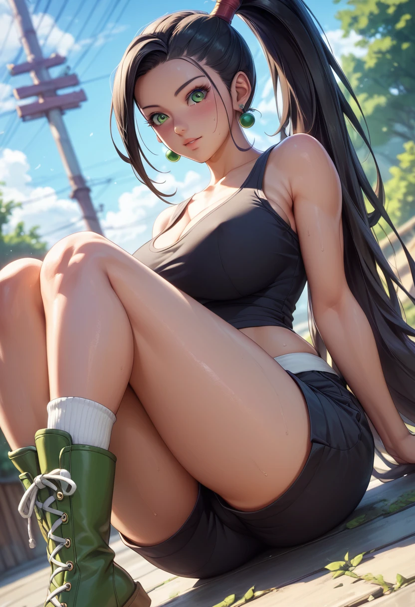 Perfect、Masterpiece、Professional illustrations、Perfect looks、Perfect lines、Cinematic lighting、Detailed face、Detailed eyes and pupils、Detailed hair、Beauty、Alone、female、sauce_game、Martina from Dragon Quest XI、Big Breasts、Large Breasts、Black Hair、Super long hair、ponytail、Black tank top、Black shorts、Yellow-green training uniform、Yellow-green boots、Best Angle、Best Shot