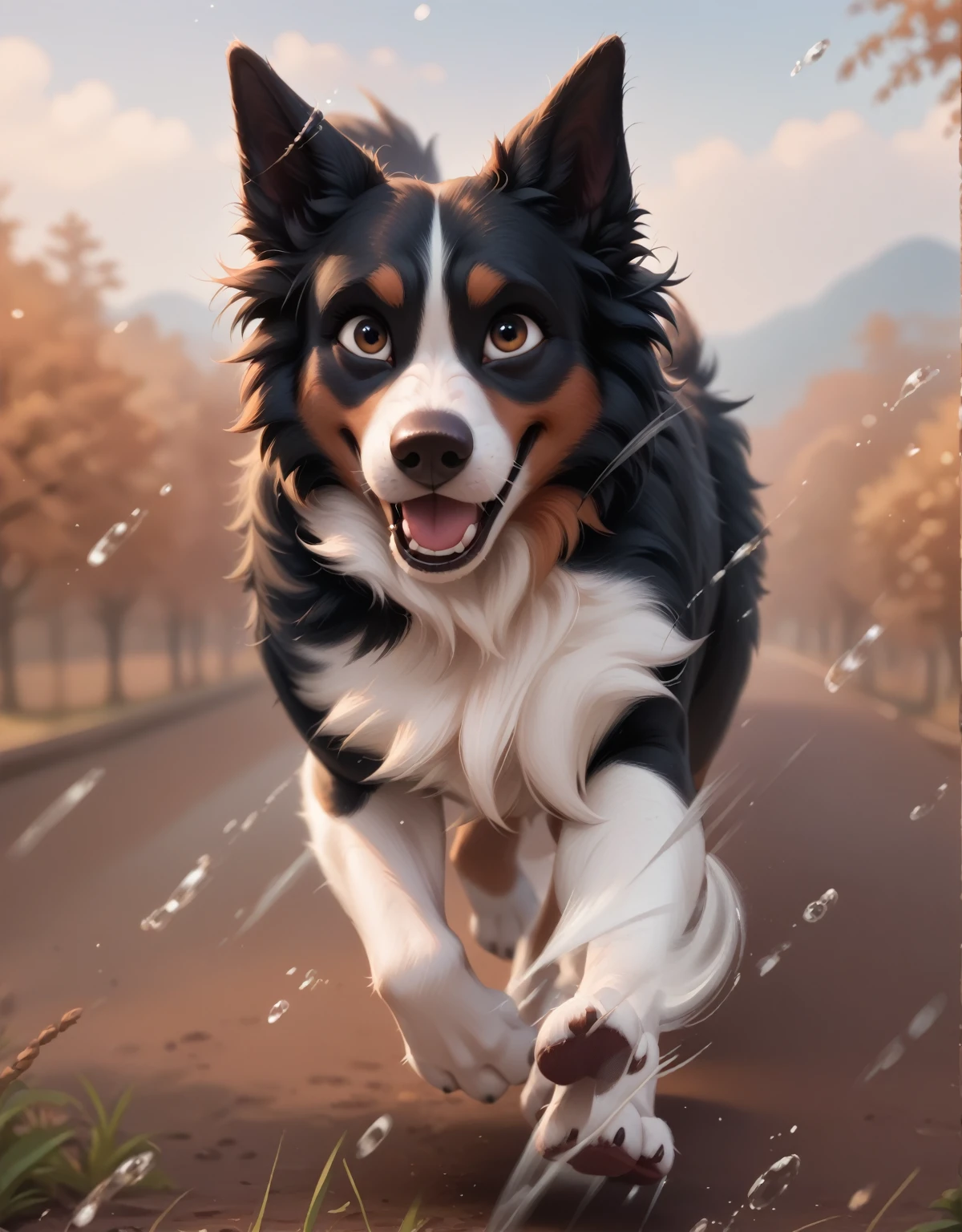 border collie dog running, Pixar-style, soft and happy expression