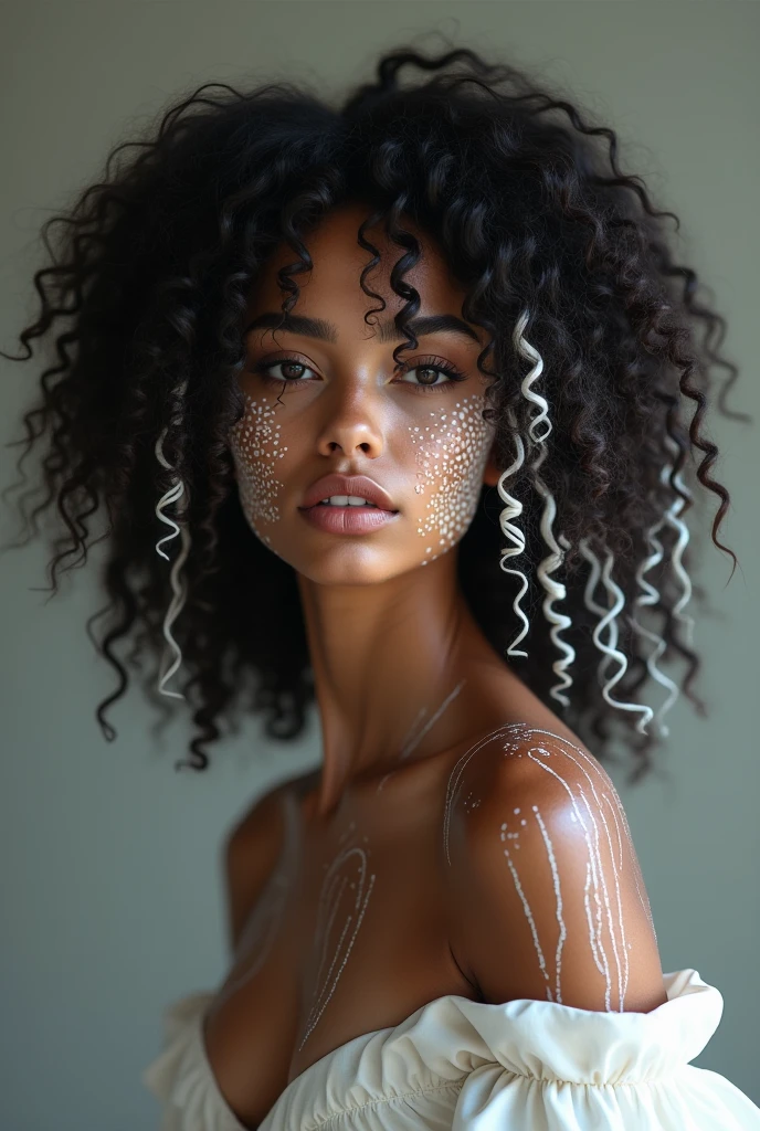 A woman with vitiligo, curly hair with white streaks, wearing a dress. 