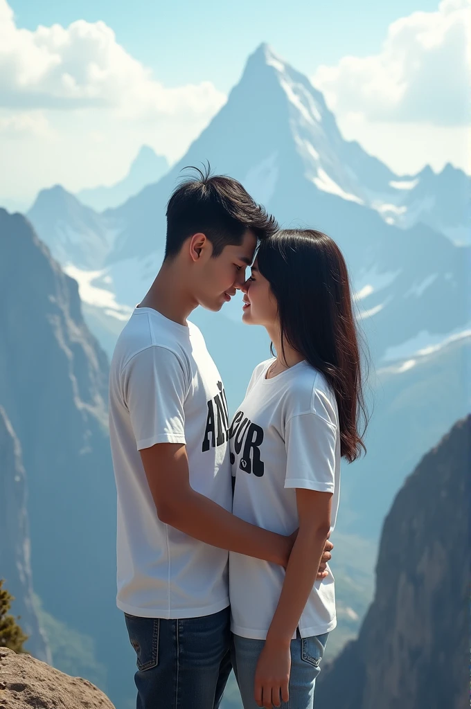 "A young couple, enjoying a peaceful moment on a mountain peak, both wearing white T-shirts. The boy's T-shirt has the name 'Anup' written in deep black letters, positioned above a heart ❤️. Similarly, the girl's T-shirt features the name 'Shipra' in dark black letters, also above a heart ❤️."