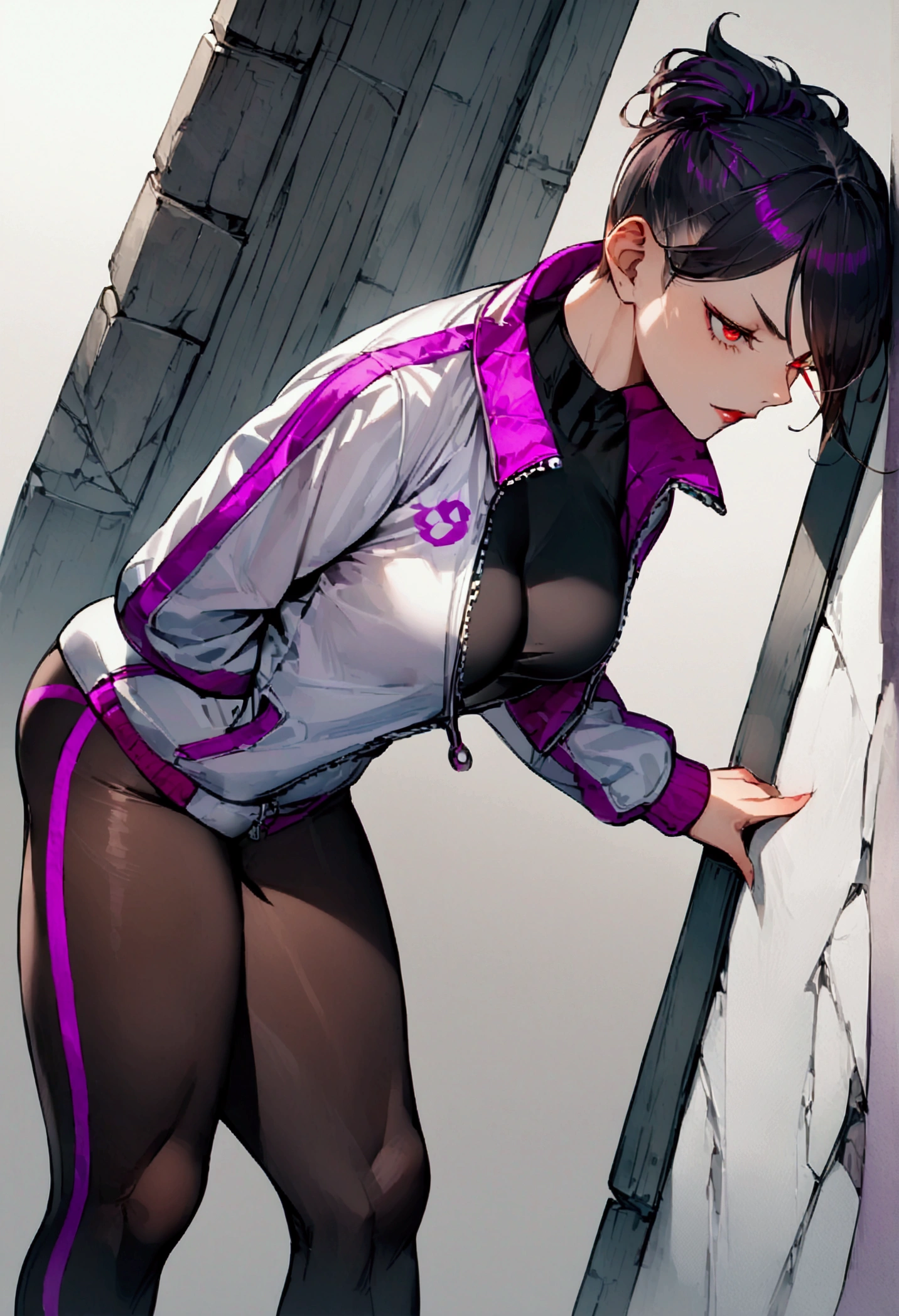 standing,alone,leaning against a broken wall,short hair,work of art,face detailed,beautiful young fitness woman with , in a gym wearing May with black pantyhose, white and purple tight short gym jacket. standing alone,red eyes glowing,Evil smile,legging preto ,labiaa,dark eye shadow,shining eyes,a hand leaning against the wall,neckleace,jacket zipper half open,Tight black shirt,white sports tennis shoes,short hair with purple details,beautiful curves,whole body,hair with purple details,labiaa,detailed face and eyes,work of art,sexy look,pefil from sideways,from sideways,wind in your hair,fully body,oculos nos olhos
whole body,fitness