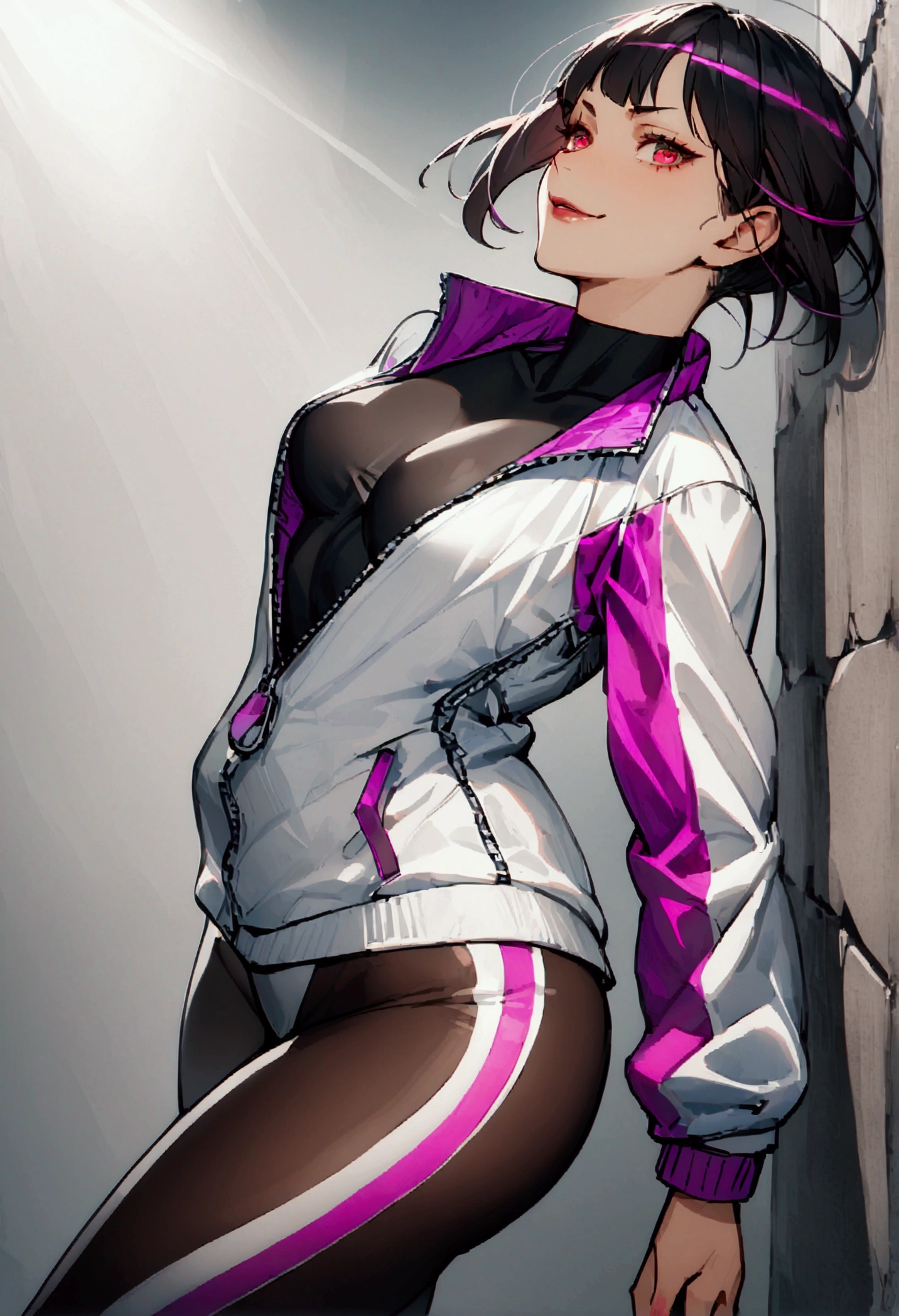 standing,alone,leaning against a broken wall,short hair,work of art,face detailed,beautiful young fitness woman with , in a gym wearing May with black pantyhose, white and purple tight short gym jacket. standing alone,red eyes glowing,Evil smile,legging preto ,labiaa,dark eye shadow,shining eyes,a hand leaning against the wall,neckleace,jacket zipper half open,Tight black shirt,white sports tennis shoes,short hair with purple details,beautiful curves,whole body,hair with purple details,labiaa,detailed face and eyes,work of art,sexy look,pefil from sideways,from sideways,wind in your hair,fully body,oculos nos olhos
whole body,fitness