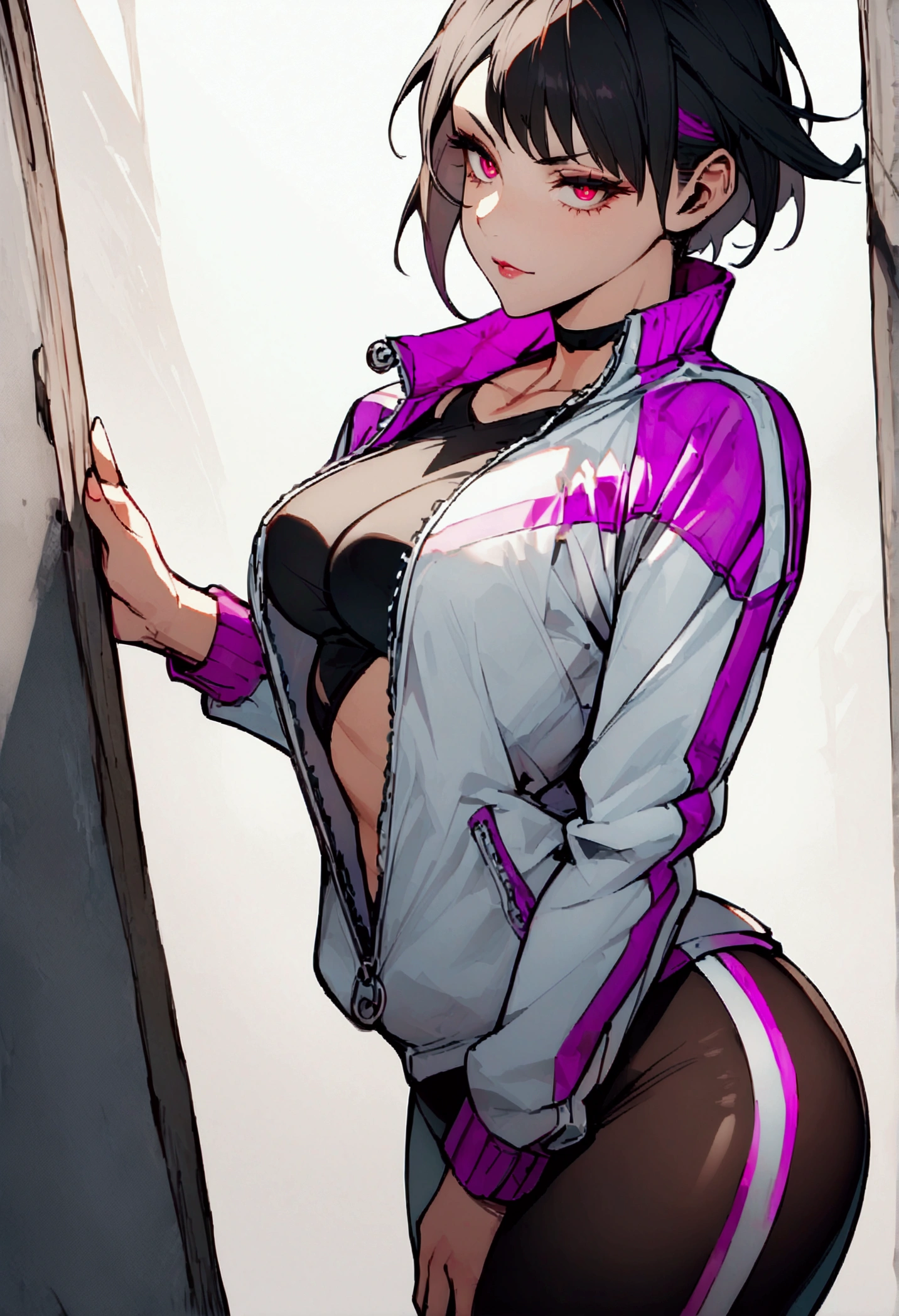 standing,alone,leaning against a broken wall,short hair,work of art,face detailed,beautiful young fitness woman with , in a gym wearing May with black pantyhose, white and purple tight short gym jacket. standing alone,red eyes glowing,Evil smile,legging preto ,labiaa,dark eye shadow,shining eyes,a hand leaning against the wall,neckleace,jacket zipper half open,Tight black shirt,white sports tennis shoes,short hair with purple details,beautiful curves,whole body,hair with purple details,labiaa,detailed face and eyes,work of art,sexy look,pefil from sideways,from sideways,wind in your hair,fully body,oculos nos olhos
whole body,fitness