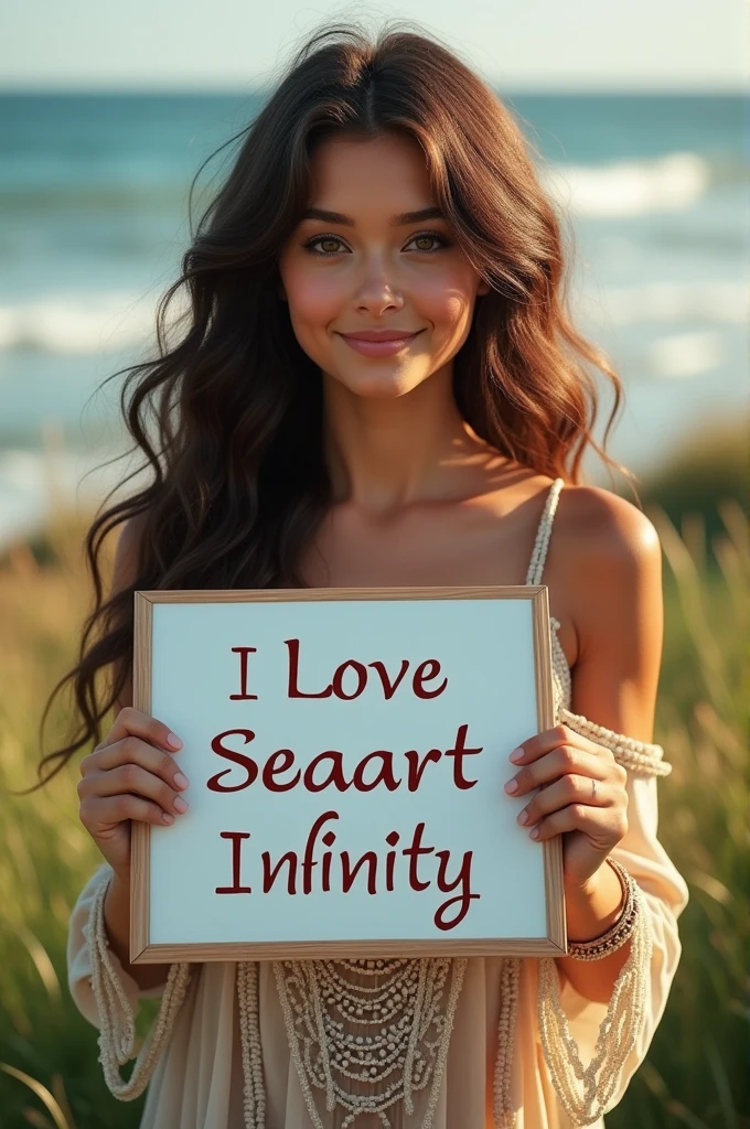 Beautiful girl with wavy long hair, bohemian dress, holding a white board with text "I Love Seaart Infinity" and showing it to the viewer