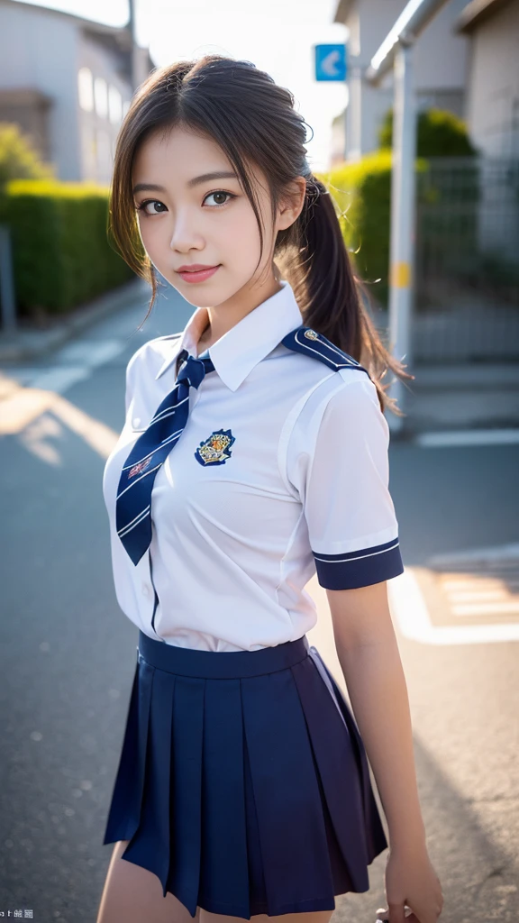 Mix 4, (16K, RAW Photos, Best image quality, masterpiece: 1.45), (Realistic, Realistic: 1.37), One Girl,Big smile ,,Duck mouth, Cityscape,, Professional Lighting, Photon Mapping, School classroom, Physically Based Rendering, Dark brown hair,Ponytail hairstyle, Beautifully groomed eyes、((double eyelid))、とってもcute, (((school uniform、Short-sleeved shirts worn by Japanese high school girls、Ribbon tie、Navy blue super mini skirt,、Dark blue socks、Black Loafers))), Highest qualityの写真, High resolution, 1080P, (Clear Face), (Detailed facial depiction), (Detailed description of the hand), (masterpiece), (Detailed CG)、Extreme light and shadow、Messy Hair、masterpiece、Rich details、(Detailed facial features)、(Highest qualityの写真評価済み筋肉部位)、(Detailed eyes)、Look in front of you、Thin clavicle、((Thin and large))、(((Japanese high school girls wear short-sleeved shirts)))、((A real idol))、((school gate、Schoolyard、School building in the background))、(Take photos from random perspectives)、(((Anyway it is'cute)))、Earrings、Big smile、Drawing the whole body from the knees、Don'Drawing thin lines、(Small breasts:1.2)、Tight little ass、Two arms and two legs、(((from the front:0.7)))、bare hands、(((Symmetrical eyes)))、Standing pose、Place your hands on the desk、Please don't take off your tie、Beautiful thighs,Knee-high tights,Young and cute gravure idol,High resolution, Anatomically correct, Highest quality, Full Body Shot、