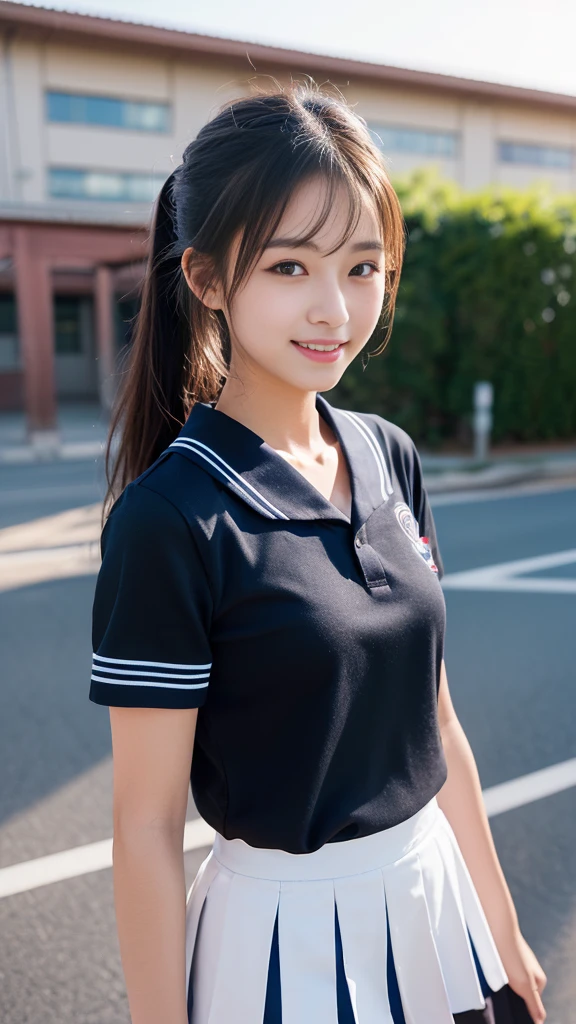 Mix 4, (16K, RAW Photos, Best image quality, masterpiece: 1.45), (Realistic, Realistic: 1.37), One Girl,Big smile ,,Duck mouth, Cityscape,, Professional Lighting, Photon Mapping, School classroom, Physically Based Rendering, Dark brown hair,Ponytail hairstyle, Beautifully groomed eyes、((double eyelid))、とってもcute, (((school uniform、Short-sleeved shirts worn by Japanese high school girls、Ribbon tie、Navy blue super mini skirt,、Dark blue socks、Black Loafers))), Highest qualityの写真, High resolution, 1080P, (Clear Face), (Detailed facial depiction), (Detailed description of the hand), (masterpiece), (Detailed CG)、Extreme light and shadow、Messy Hair、masterpiece、Rich details、(Detailed facial features)、(Highest qualityの写真評価済み筋肉部位)、(Detailed eyes)、Look in front of you、Thin clavicle、((Thin and large))、(((Japanese high school girls wear short-sleeved shirts)))、((A real idol))、((school gate、Schoolyard、School building in the background))、(Take photos from random perspectives)、(((Anyway it is'cute)))、Earrings、Big smile、Drawing the whole body from the knees、Don'Drawing thin lines、(Small breasts:1.2)、Tight little ass、Two arms and two legs、(((from the front:0.7)))、bare hands、(((Symmetrical eyes)))、Standing pose、Place your hands on the desk、Please don't take off your tie、Beautiful thighs,Knee-high tights,Young and cute gravure idol,High resolution, Anatomically correct, Highest quality, Full Body Shot、