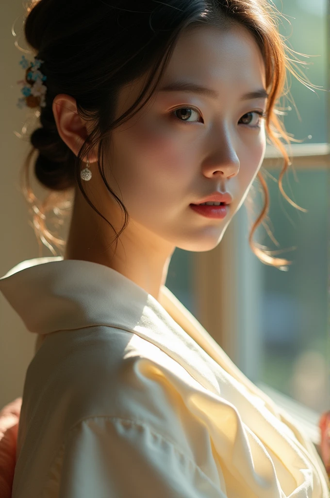 An elegantly dressed Japanese woman in natural light、A close-up of her chest and calm expression.、It shows her inner peace and outer charm.。