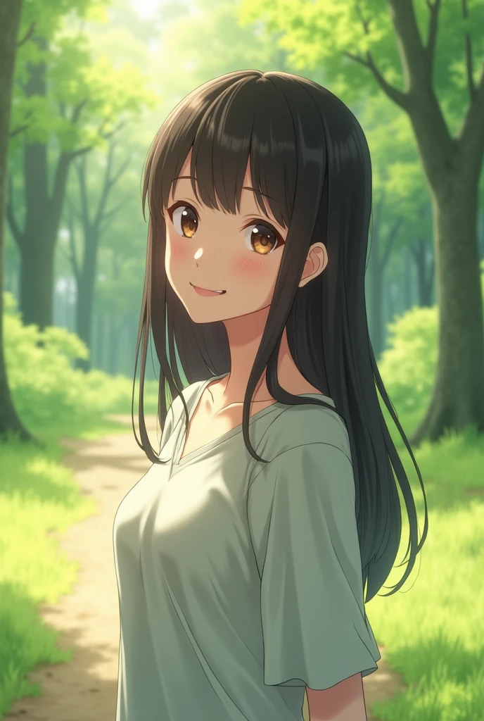 naked、cute,  アイドルのようにcute少女、Smiling Kindly、height: 150cm、Medium sized breasts、Cleavage、Forest Park、Natural light、RAW Photos、Genuine、Live Action、realism、masterpiece、RAW Photos、High resolution